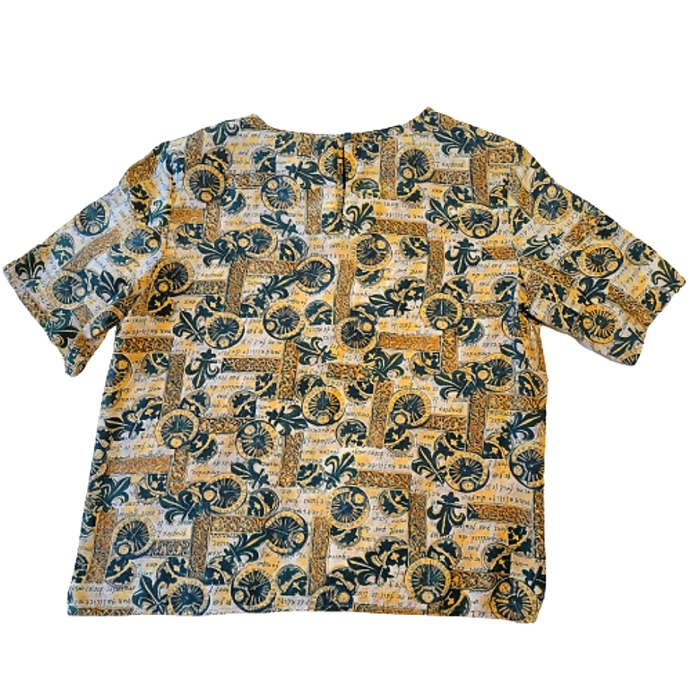 Annie Alexander vintage women's green fleur-de-lis 100% silk blouse size small